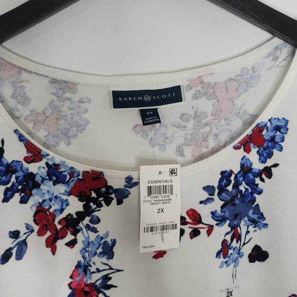 Karen Scott Short Sleeve T-shirt 2X Floral Red White Blue - Picture 3 of 6